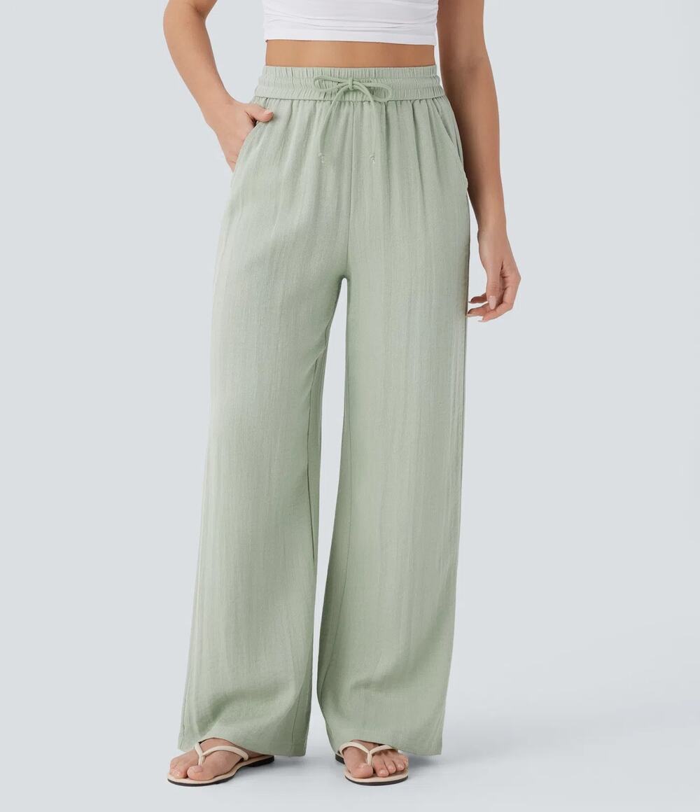 Halara Pale Aqua High Waist Drawstring Wide Leg Casual Linen-Feel Pant S Petite